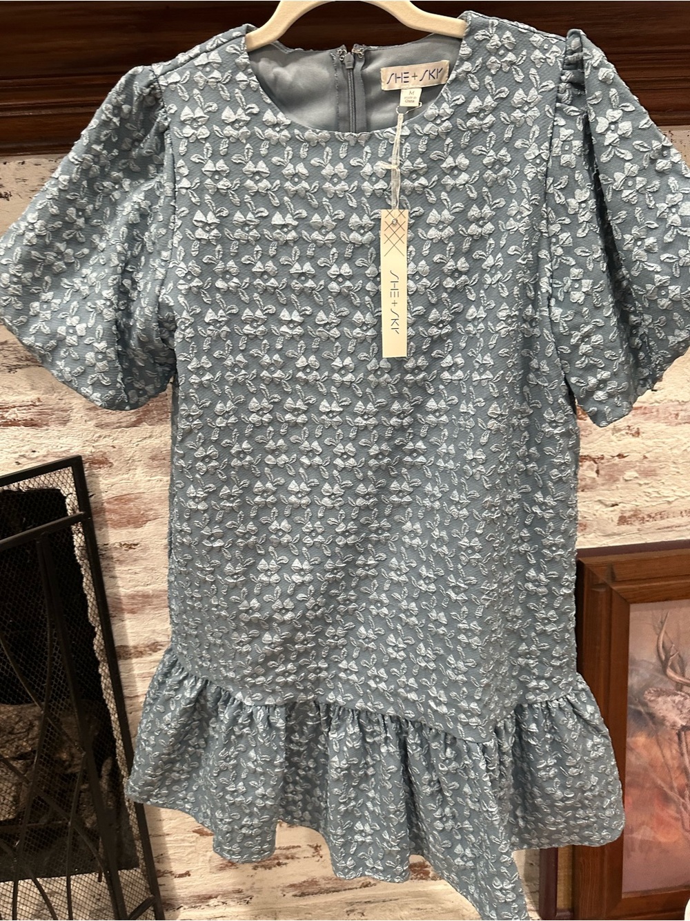 She + Sky Light Blue Textured Floral Dress